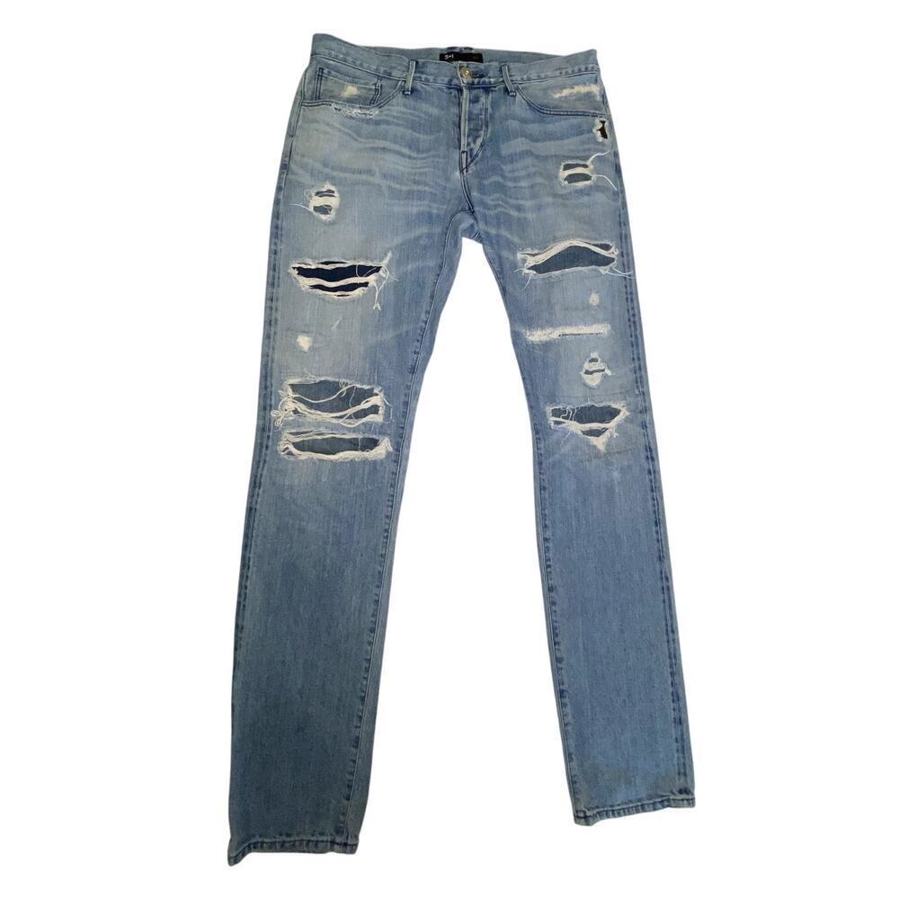 Mens 3x1 Slim Fit Jeans Medium Wash with Distressing Size 32